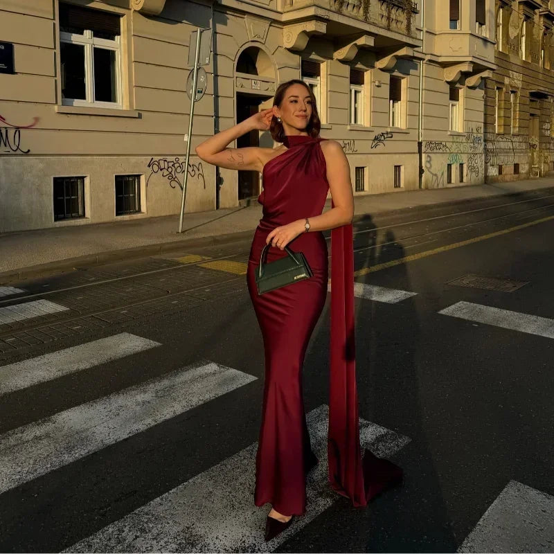 Rouge Women's One Shoulder Draped Maxi Dress — Coraline Halter Formal Gown - Vin Street Pose