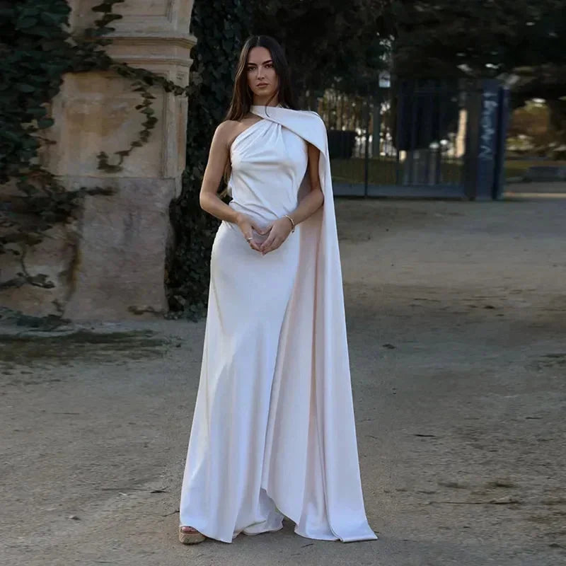White Women's One Shoulder Draped Maxi Dress — Coraline Halter Formal Gown - Cape Detail