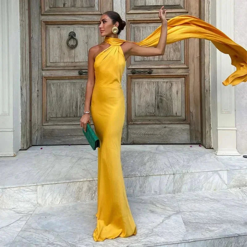 Yellow Women's One Shoulder Draped Maxi Dress — Coraline Halter Formal Gown - Front Drape