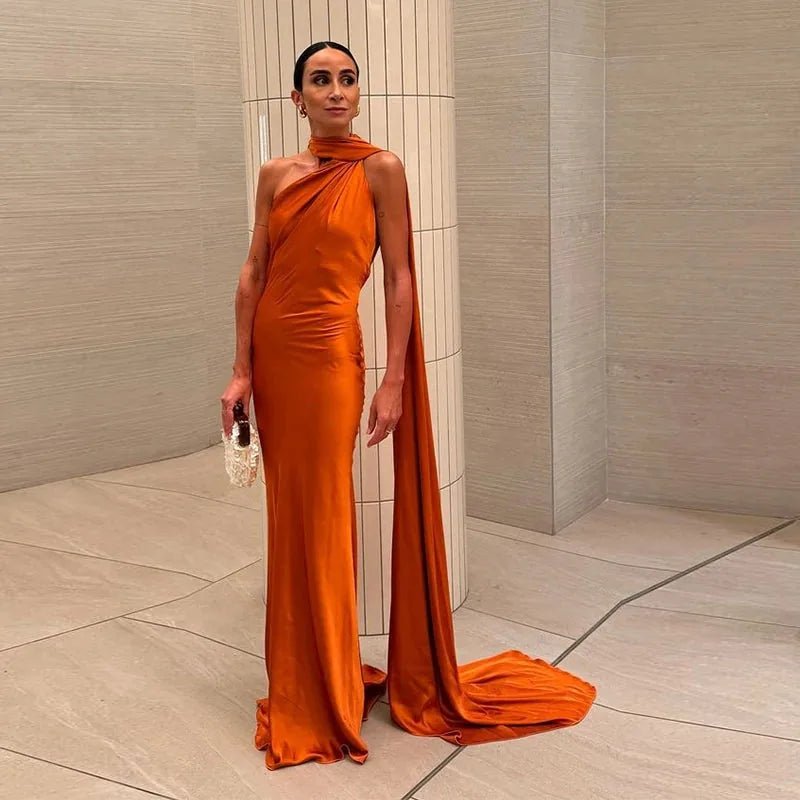 Chloe | Elegant One - Shoulder Mermaid Maxi Gown with Drape Detail - Orange - 7