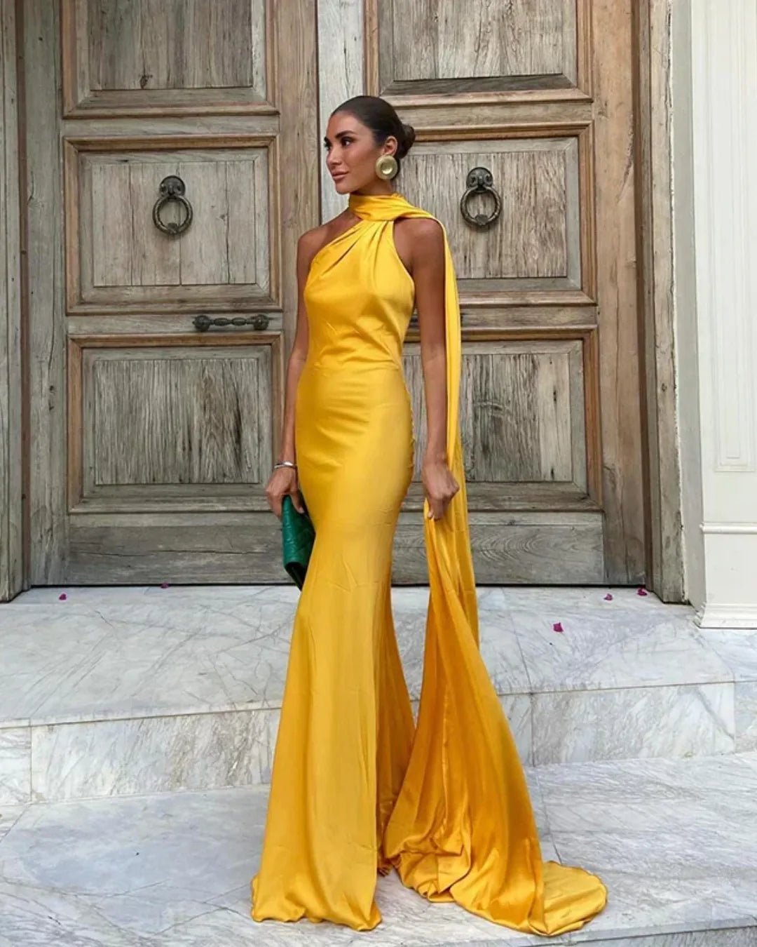 Chloe | Elegant One - Shoulder Mermaid Maxi Gown with Drape Detail - Yellow - 1