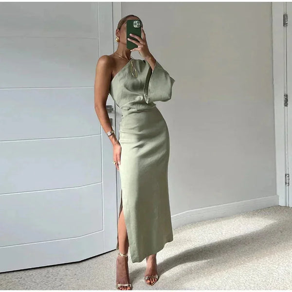 Green Women's Green One Shoulder Midi Dress — Lola Split Hem Elegant - Front Full