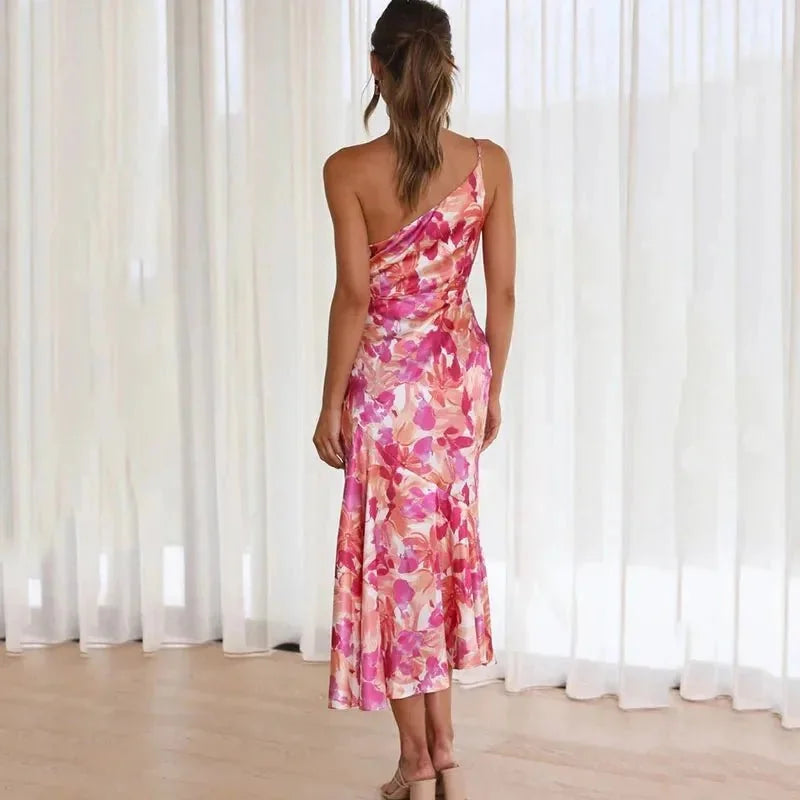 Pink Women's One-Shoulder Floral Wedding Guest Dress — Yasmin Midi Mermaid - Back View