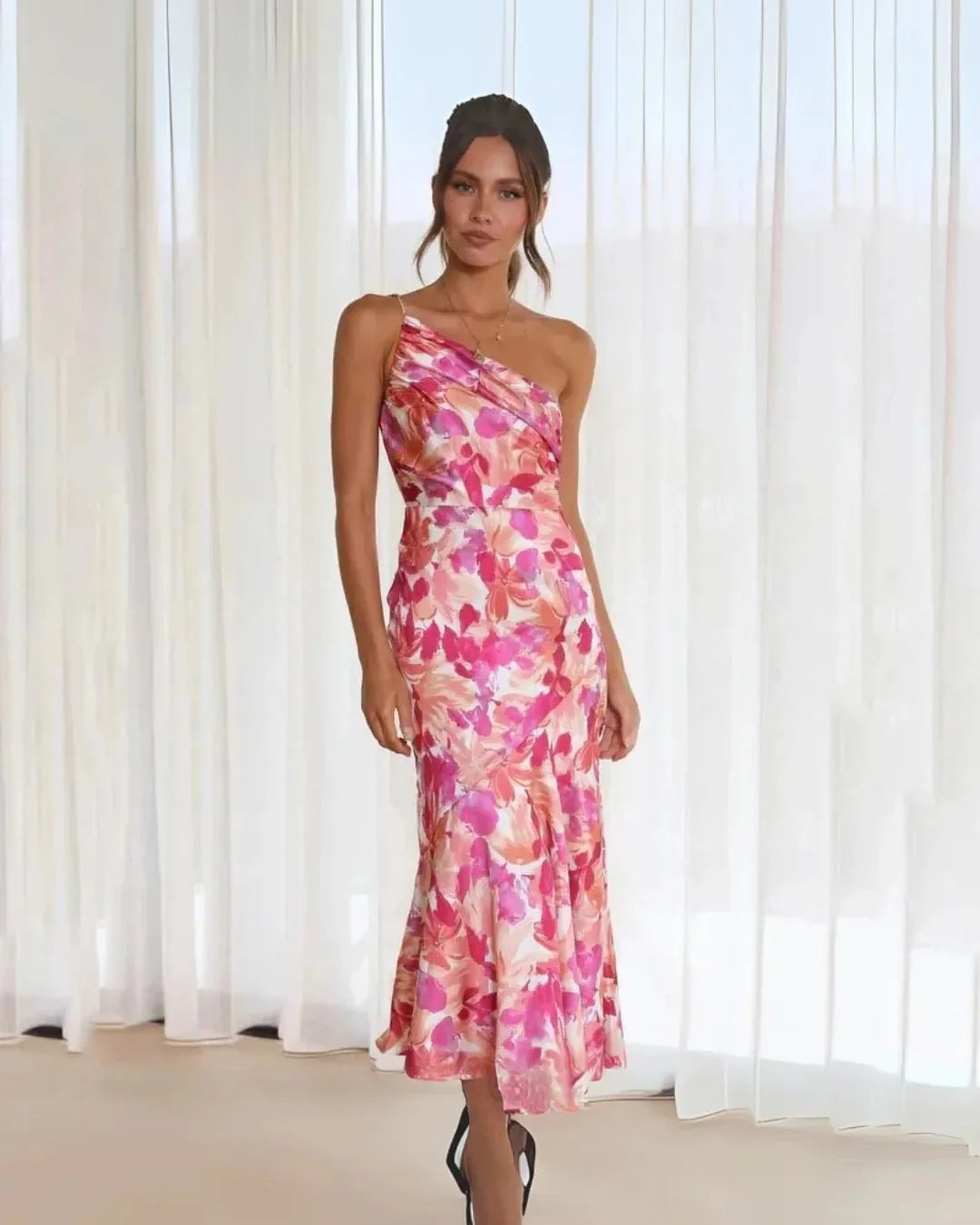 Pink Women's One-Shoulder Floral Wedding Guest Dress — Yasmin Midi Mermaid - Front Full