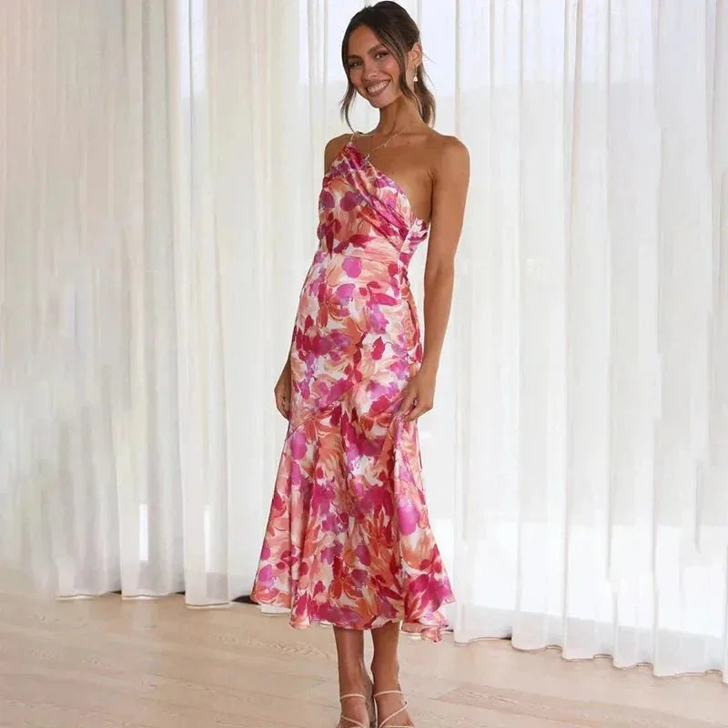 Pink Women's One-Shoulder Floral Wedding Guest Dress — Yasmin Midi Mermaid - Front Pose