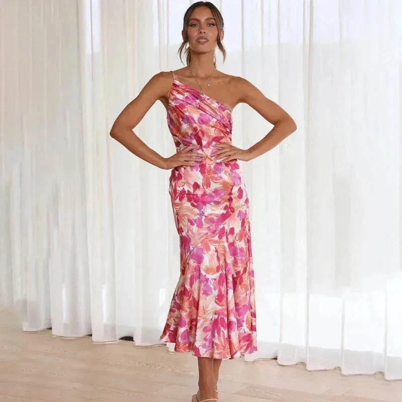 Pink Women's One-Shoulder Floral Wedding Guest Dress — Yasmin Midi Mermaid - Side Pose
