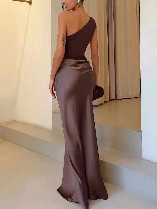 Brown Women's One Shoulder Pleated Maxi Dress — Raina Evening Party Formal - Back Detail