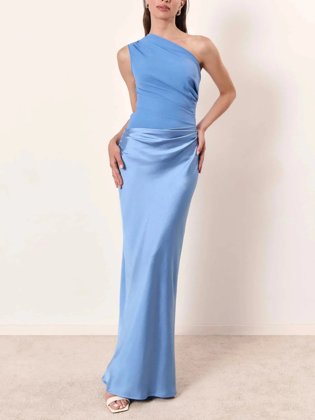 Light Blue Women's One Shoulder Pleated Maxi Dress — Raina Evening Party Formal - Front Studio