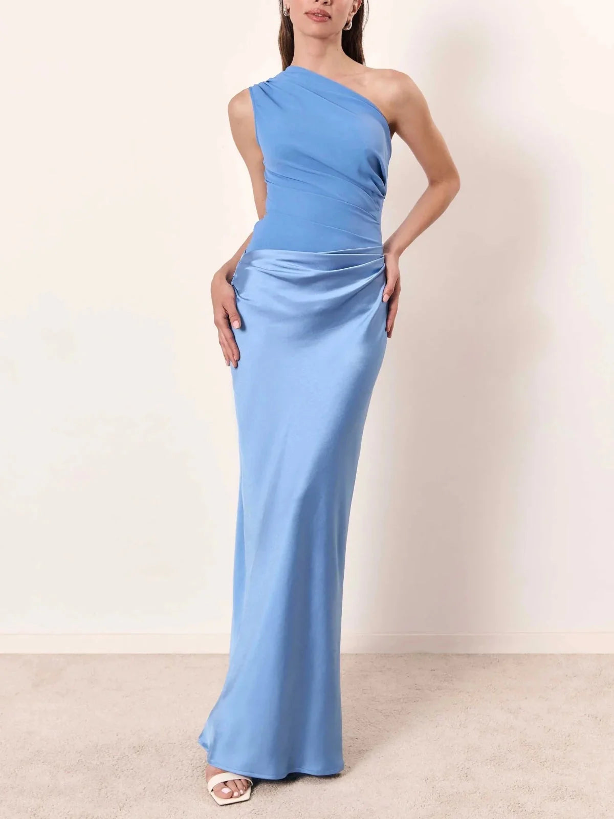 Light Blue Women's One Shoulder Pleated Maxi Dress — Raina Evening Party Formal - Front Studio