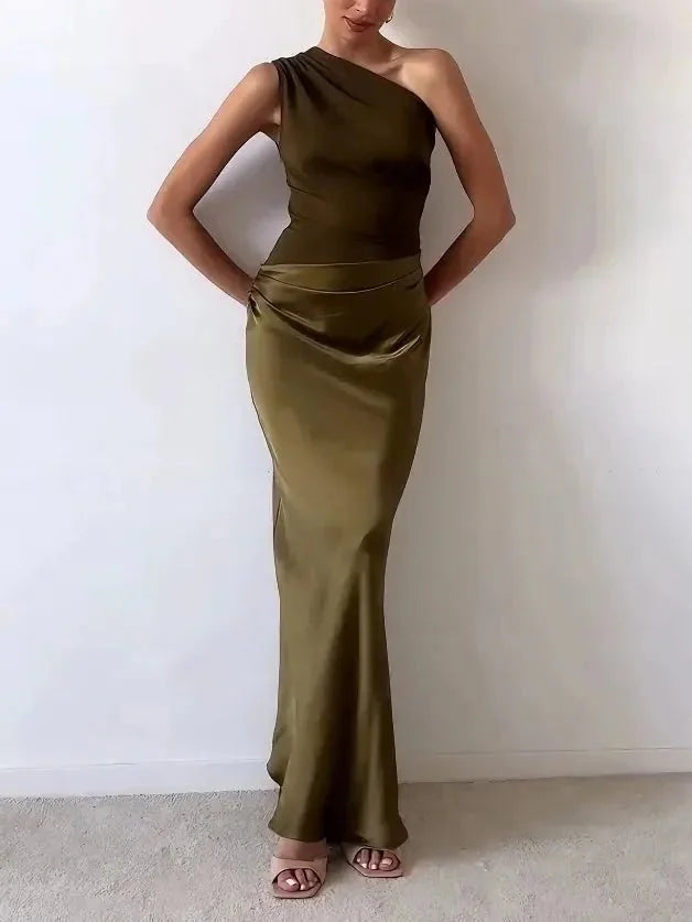 Military Green Women's One Shoulder Pleated Maxi Dress — Raina Evening Party Formal - Front Posed