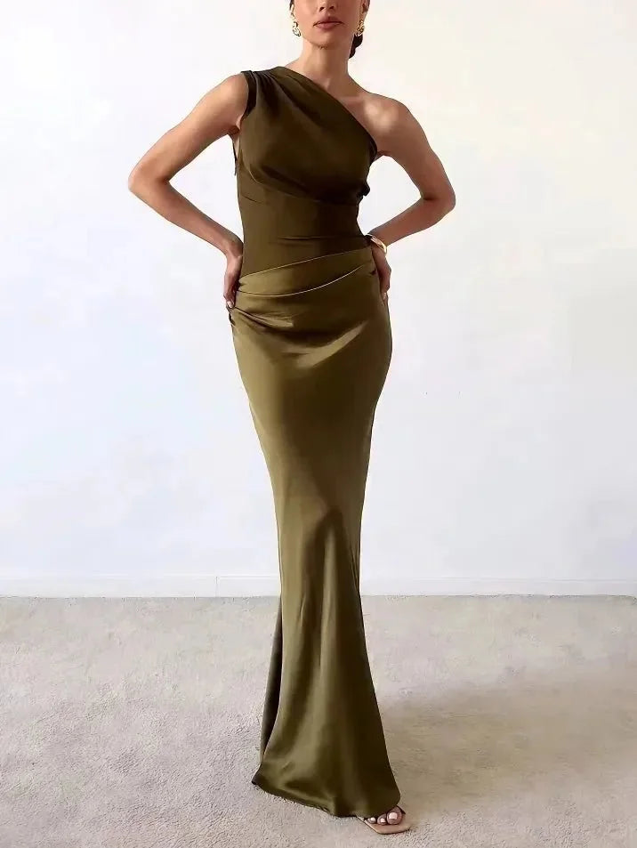 Military Green Women's One Shoulder Pleated Maxi Dress — Raina Evening Party Formal - Studio Pose