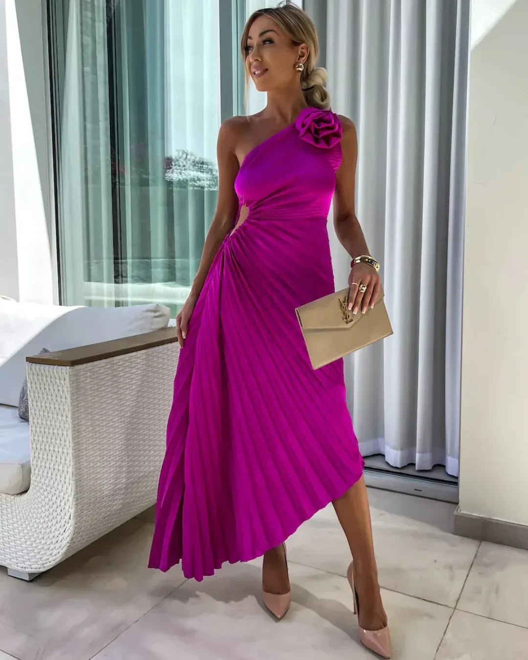 Sienna | Chic One Shoulder Off Pleated Midi Dress - Purple - 1