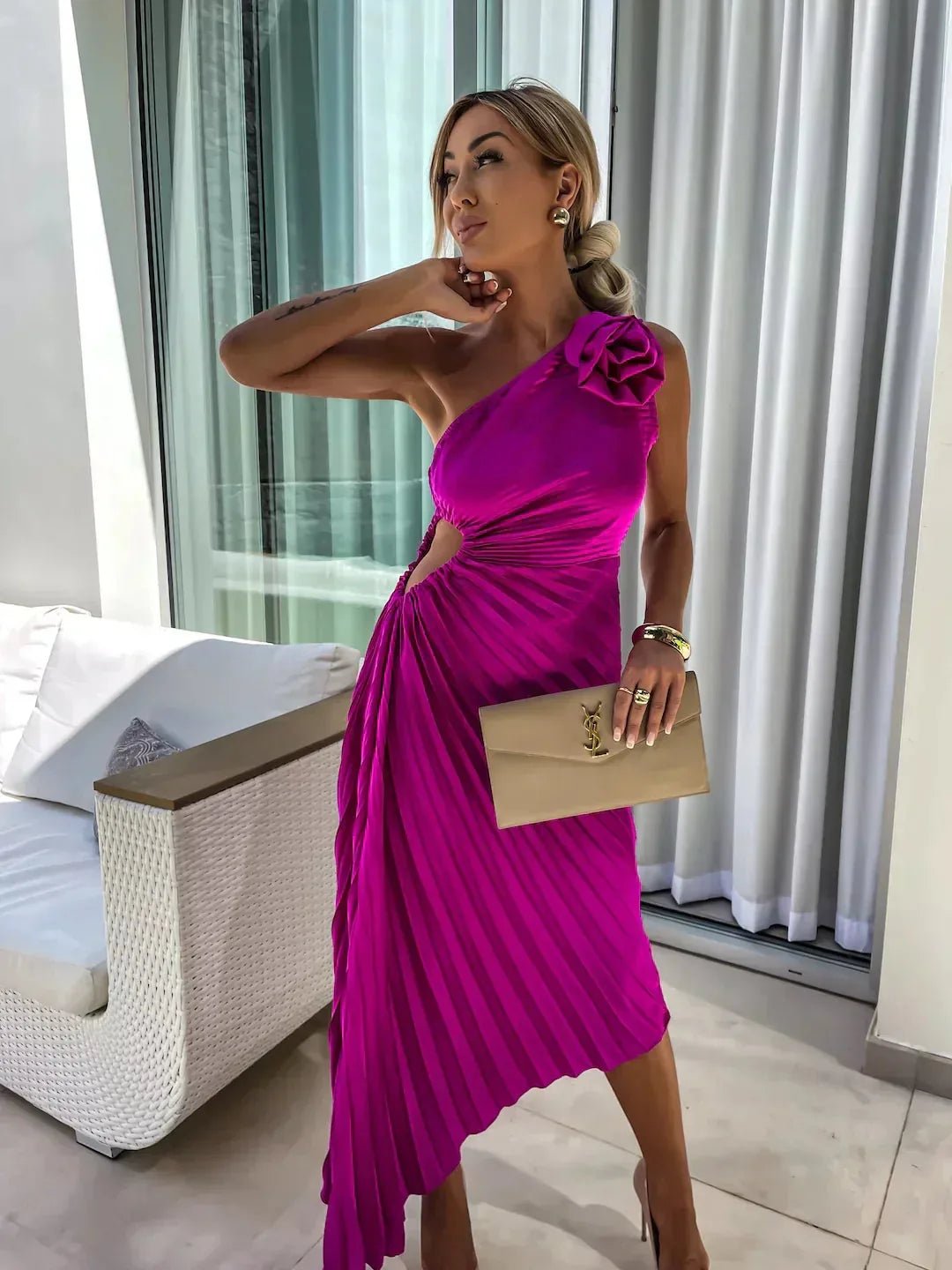 Sienna | Chic One Shoulder Off Pleated Midi Dress - Purple - 2