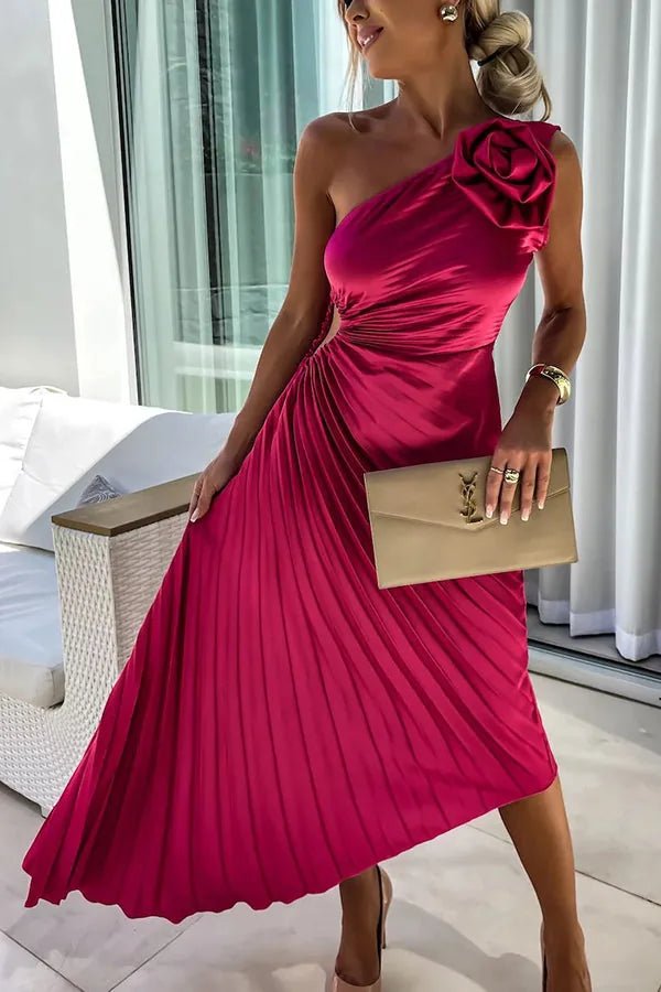 Sienna | Chic One Shoulder Off Pleated Midi Dress - Purple - 4