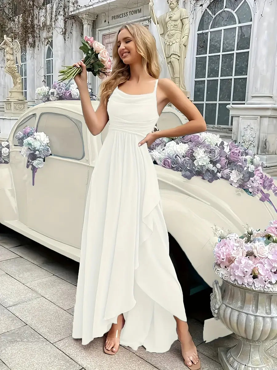 Cream Women's One Shoulder Ruffle Dress - Front White