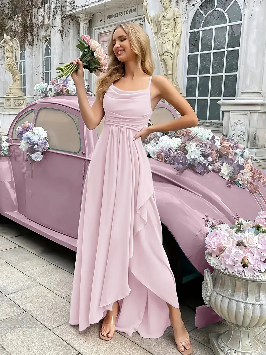 Light Pink Women's One Shoulder Ruffle Dress - Front Pose