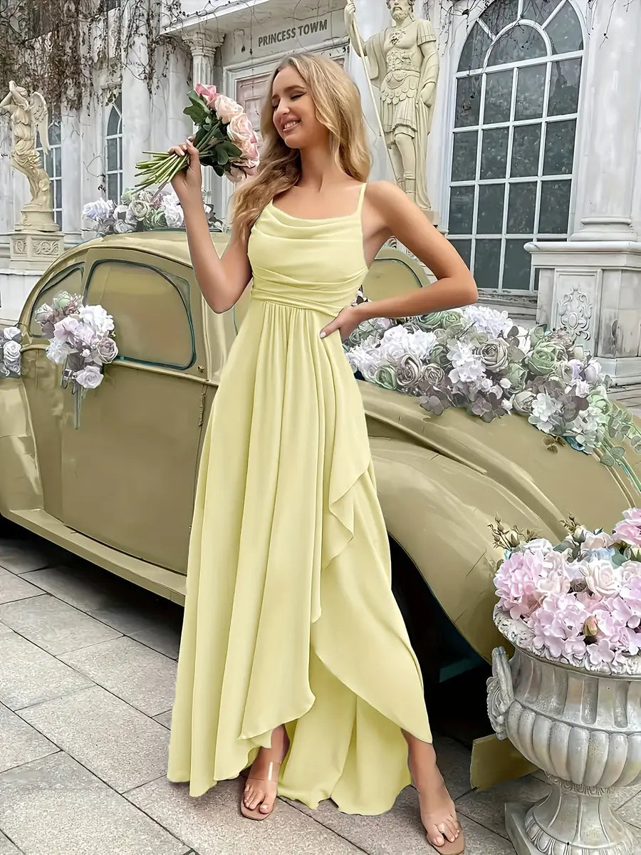 Yellow Women's One Shoulder Ruffle Dress - Front Lifestyle
