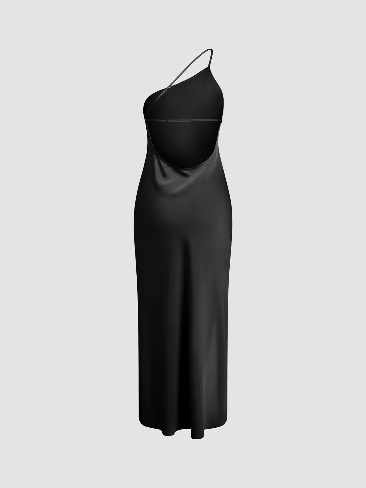 Black Women's Satin Maxi Dress Back Slit — Hermione One Shoulder Cut-Out - Front