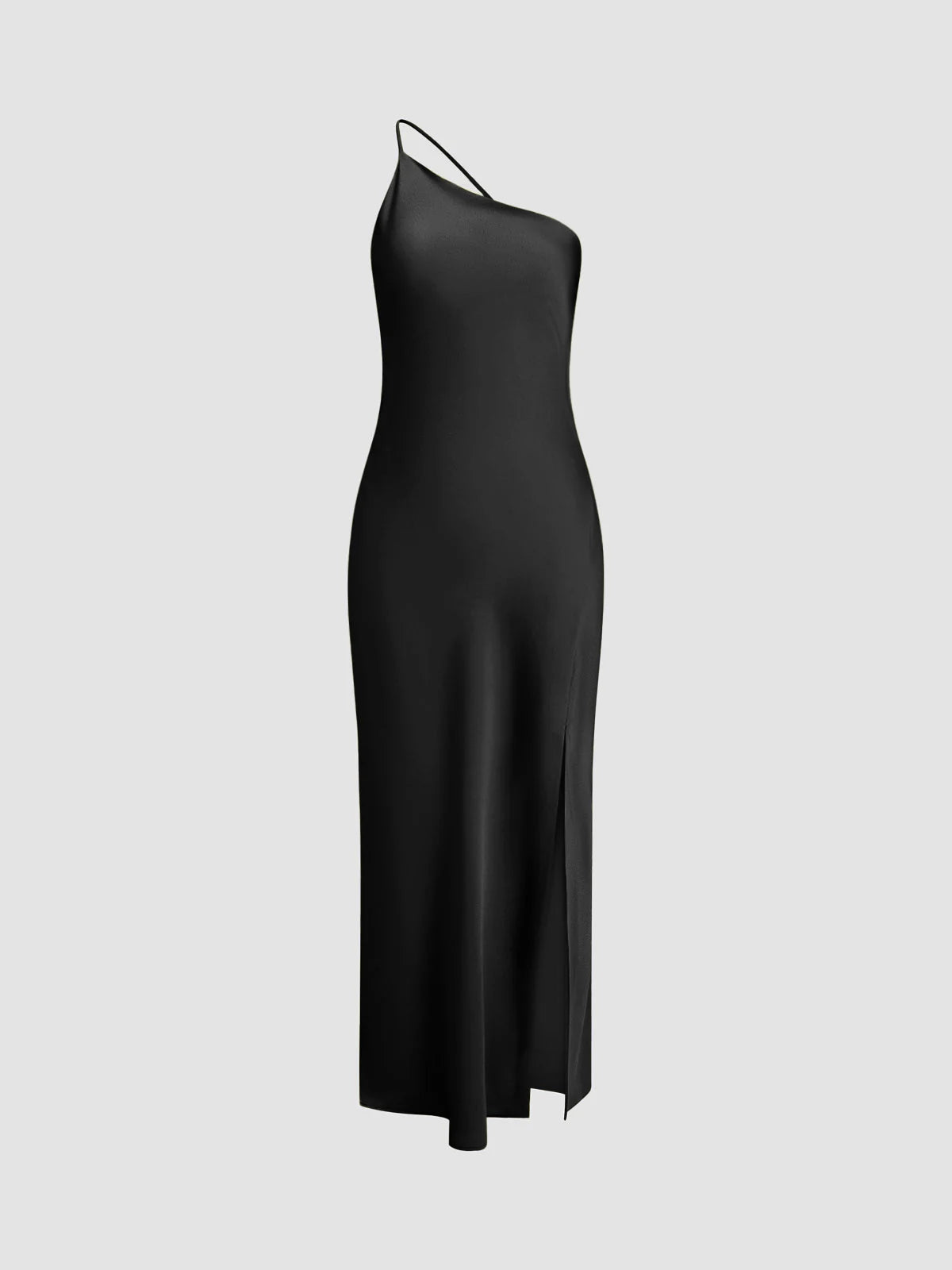 Black Women's Satin Maxi Dress Back Slit — Hermione One Shoulder Cut-Out - Side