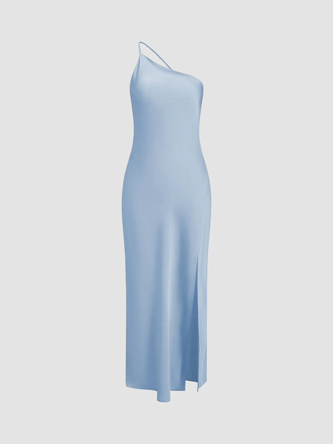 Blue Women's Satin Maxi Dress Back Slit — Hermione One Shoulder Cut-Out - Side