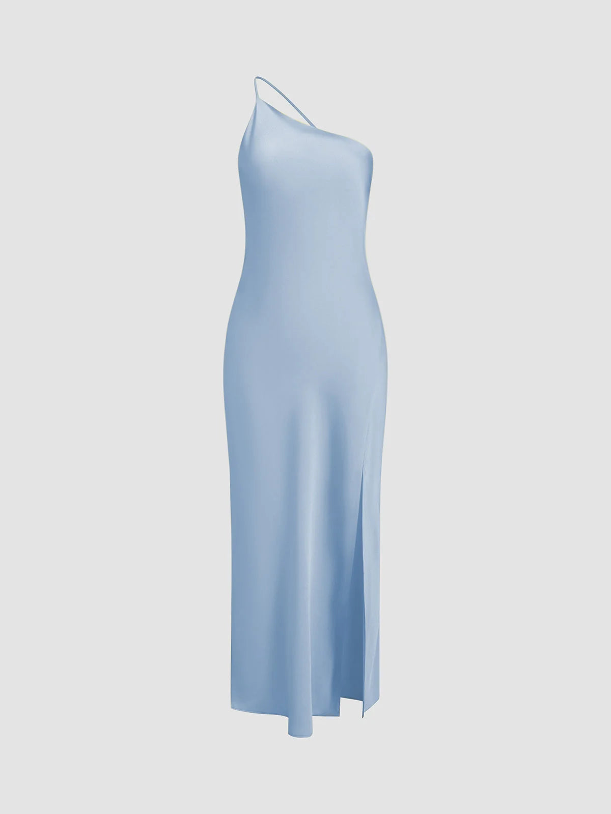 Blue Women's Satin Maxi Dress Back Slit — Hermione One Shoulder Cut-Out - Side