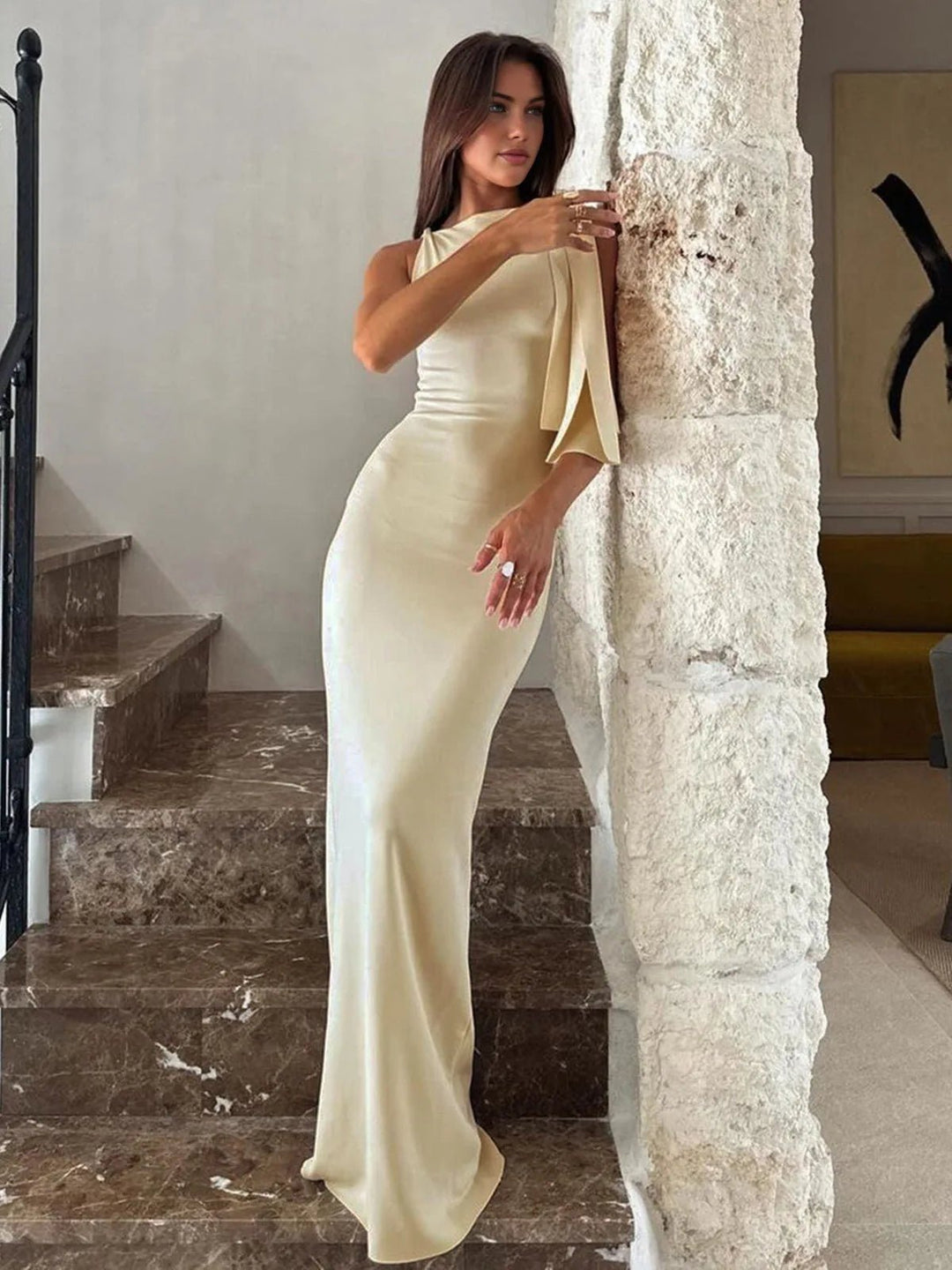 Daphne | Off The Shoulder Maxi Dress Sleek Satin Gown - Cream - 2