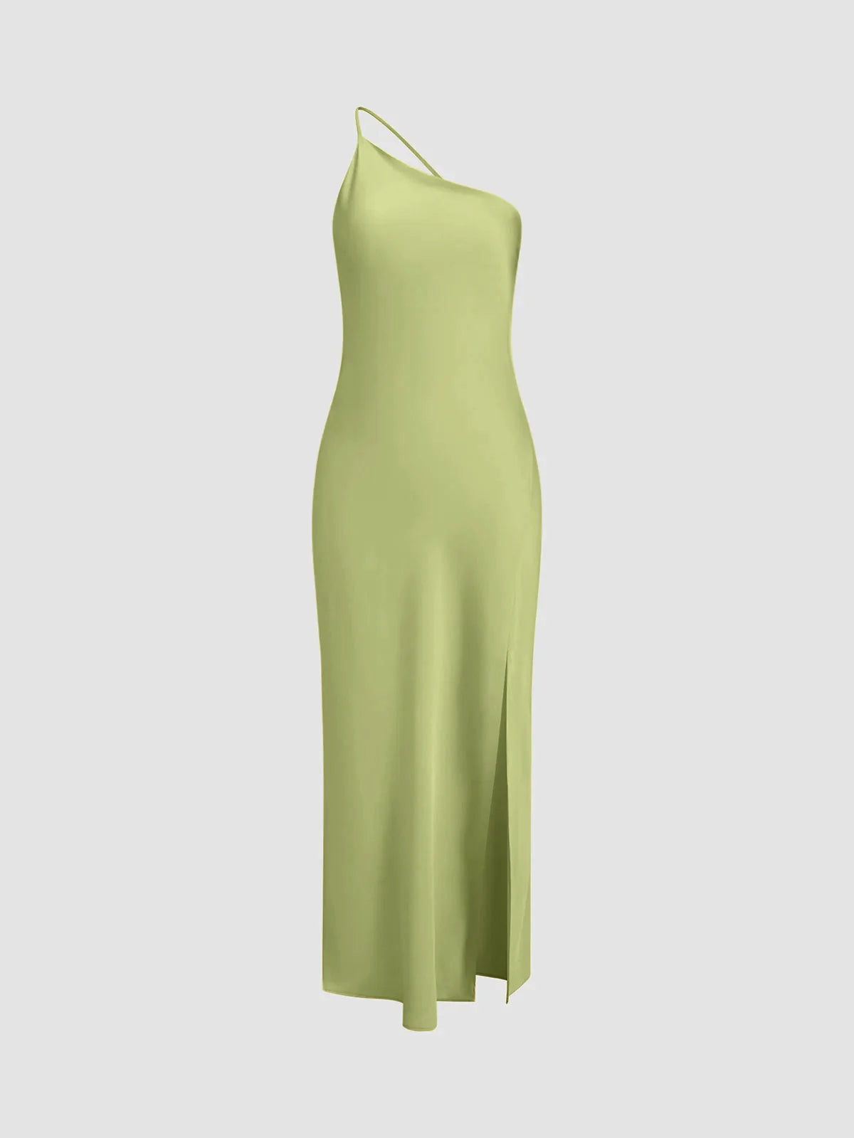 Green Women's Satin Maxi Dress Back Slit — Hermione One Shoulder Cut-Out - Front
