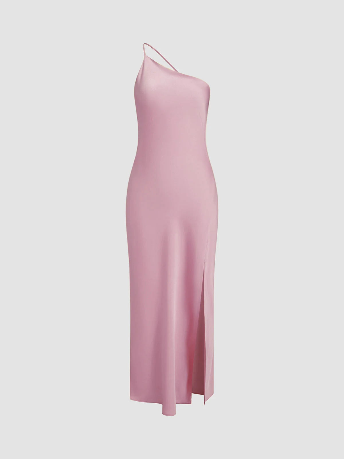 Pink Women's Satin Maxi Dress Back Slit — Hermione One Shoulder Cut-Out - Front