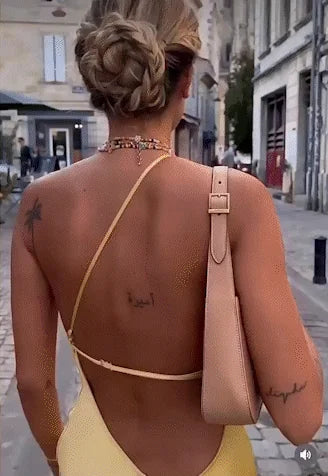 Yellow Women's Satin Maxi Dress Back Slit — Hermione One Shoulder Cut-Out - Back Detail
