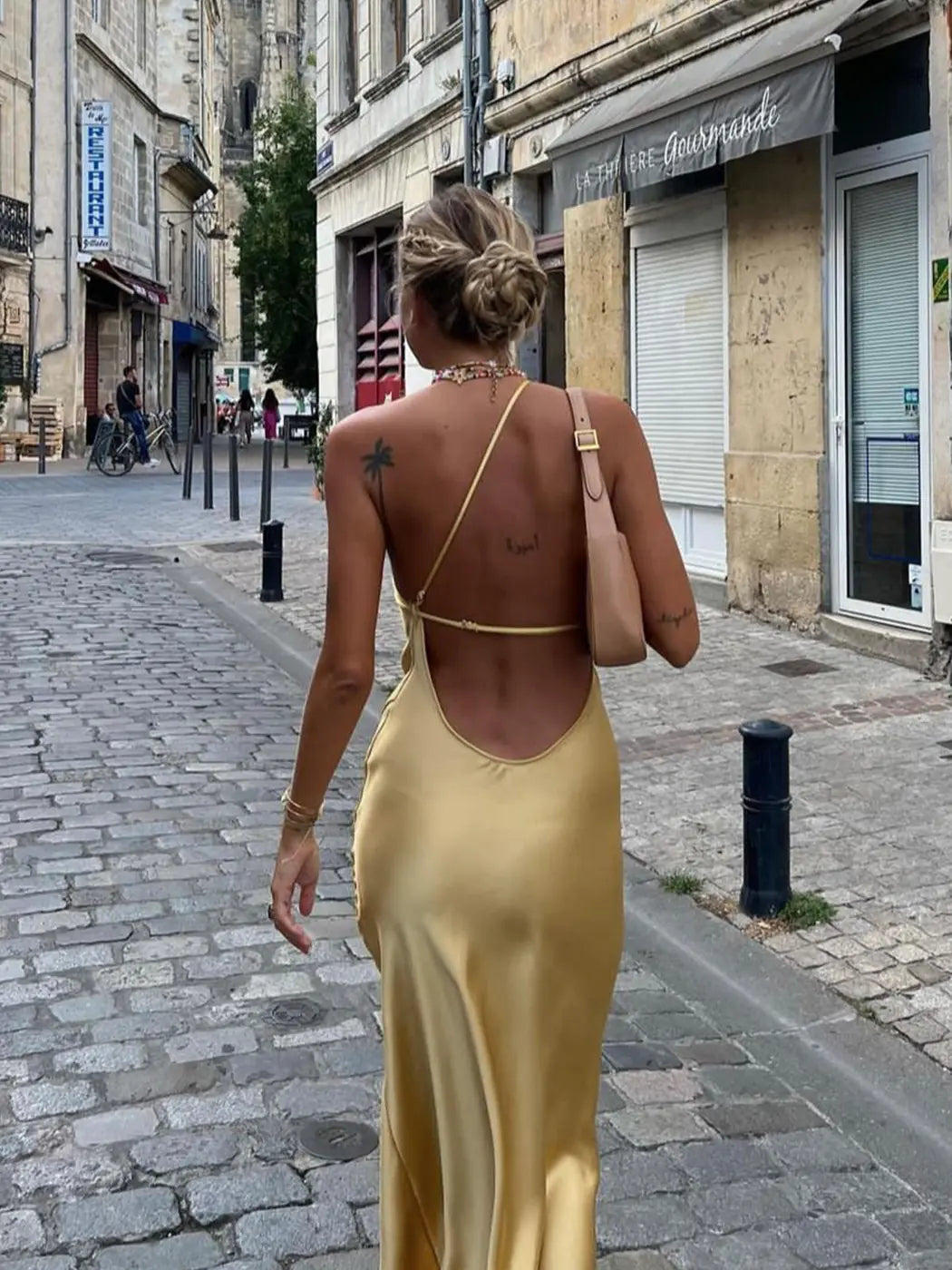 Yellow Women's Satin Maxi Dress Back Slit — Hermione One Shoulder Cut-Out - Back Full