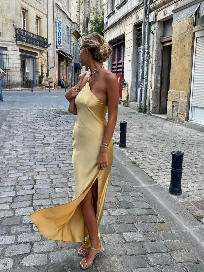 Yellow Women's Satin Maxi Dress Back Slit — Hermione One Shoulder Cut-Out - Front Lifestyle