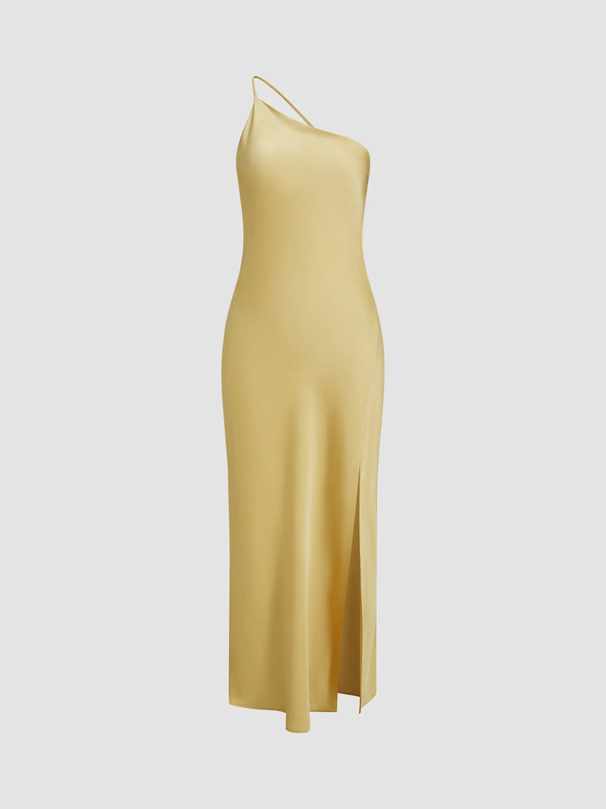 Yellow Women's Satin Maxi Dress Back Slit — Hermione One Shoulder Cut-Out - Front Studio