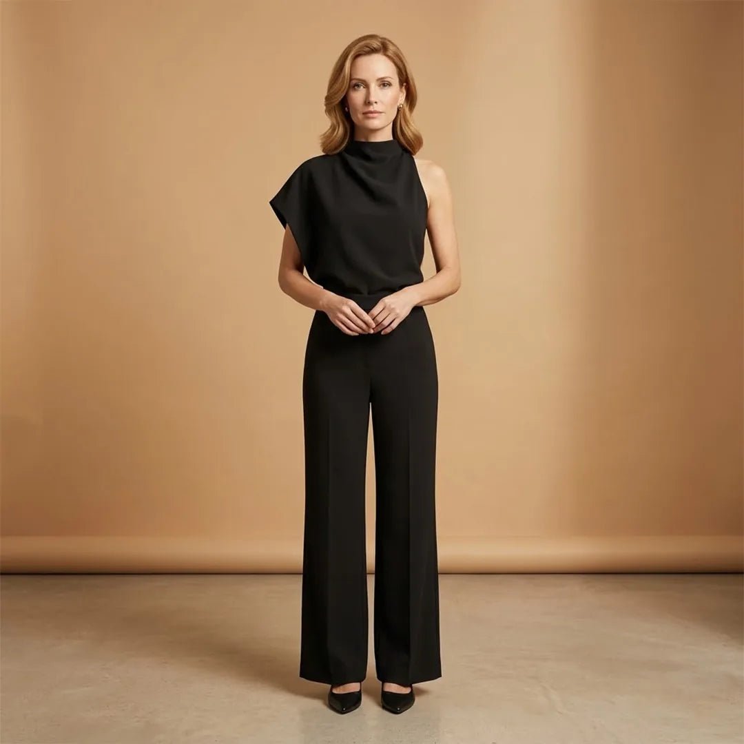 Celeste | Elegant One Shoulder Women's Jumpsuit with Wide Legs - Black - 2