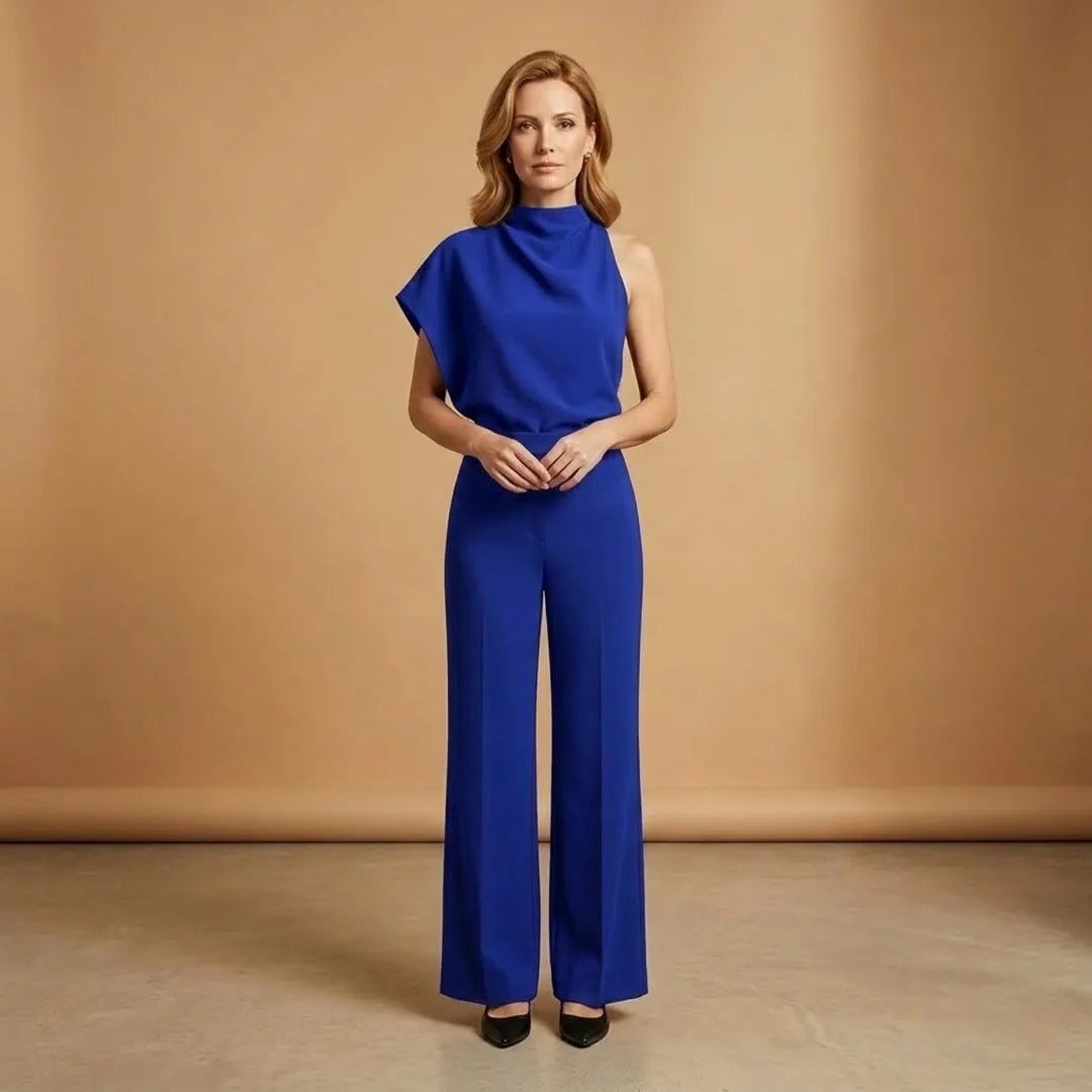 Celeste | Elegant One Shoulder Women's Jumpsuit with Wide Legs - Blue - 9