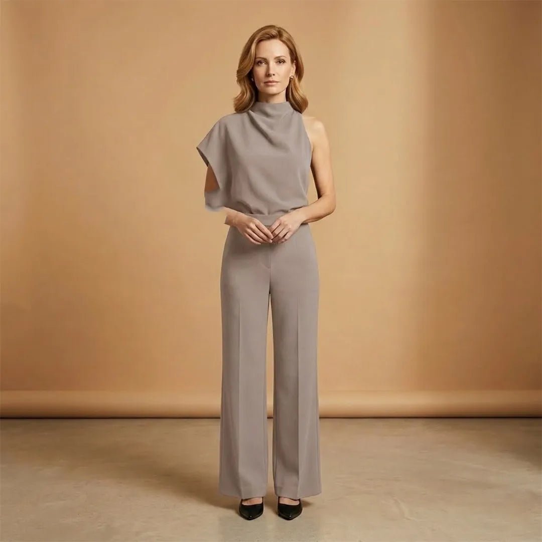 Celeste | Elegant One Shoulder Women's Jumpsuit with Wide Legs - Light Gray - 6