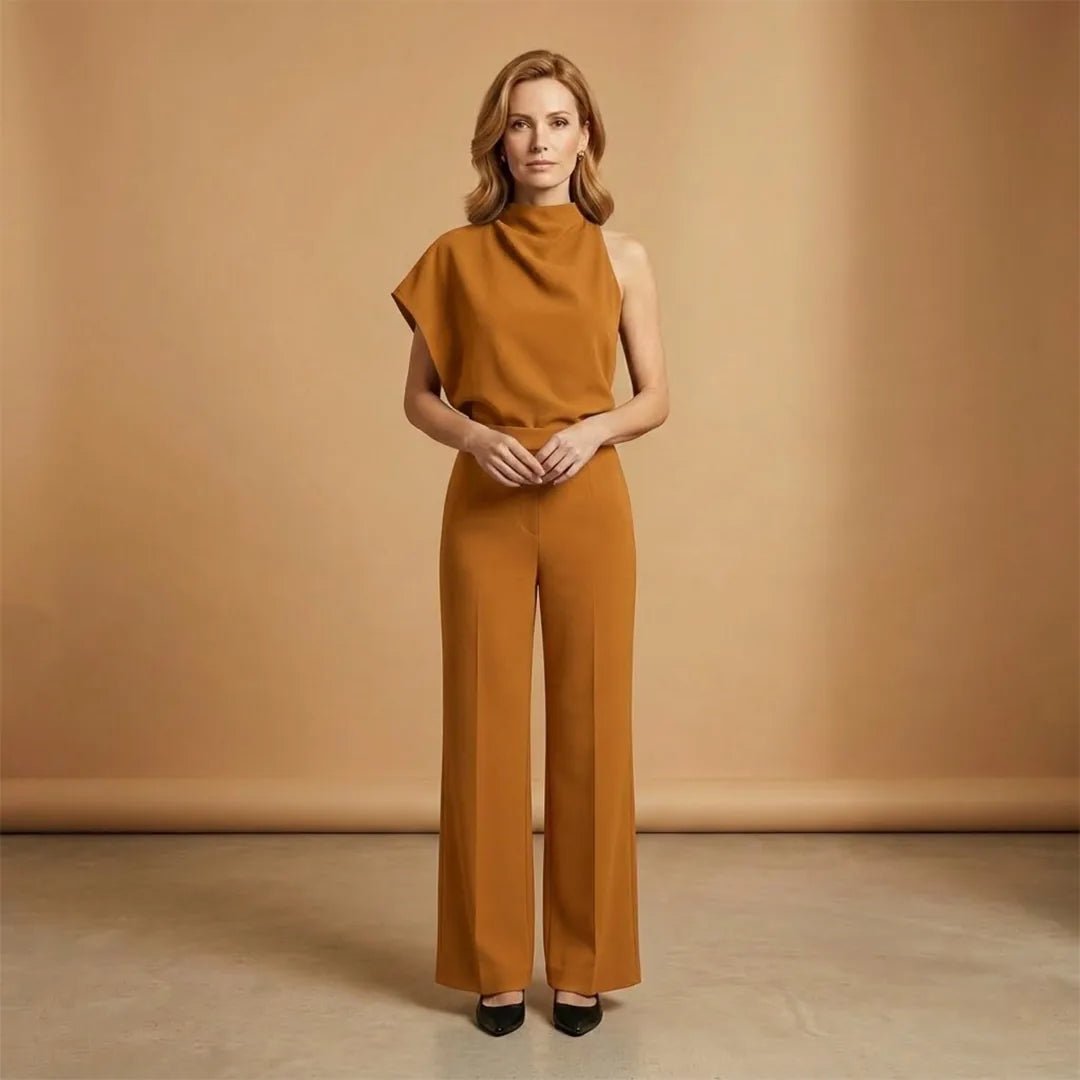 Celeste | Elegant One Shoulder Women's Jumpsuit with Wide Legs - Mustard - 12