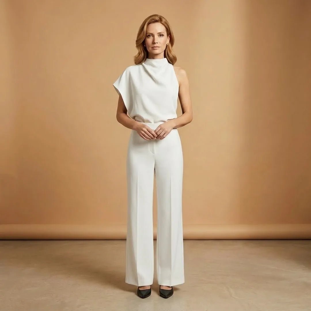 Celeste | Elegant One Shoulder Women's Jumpsuit with Wide Legs - White - 11