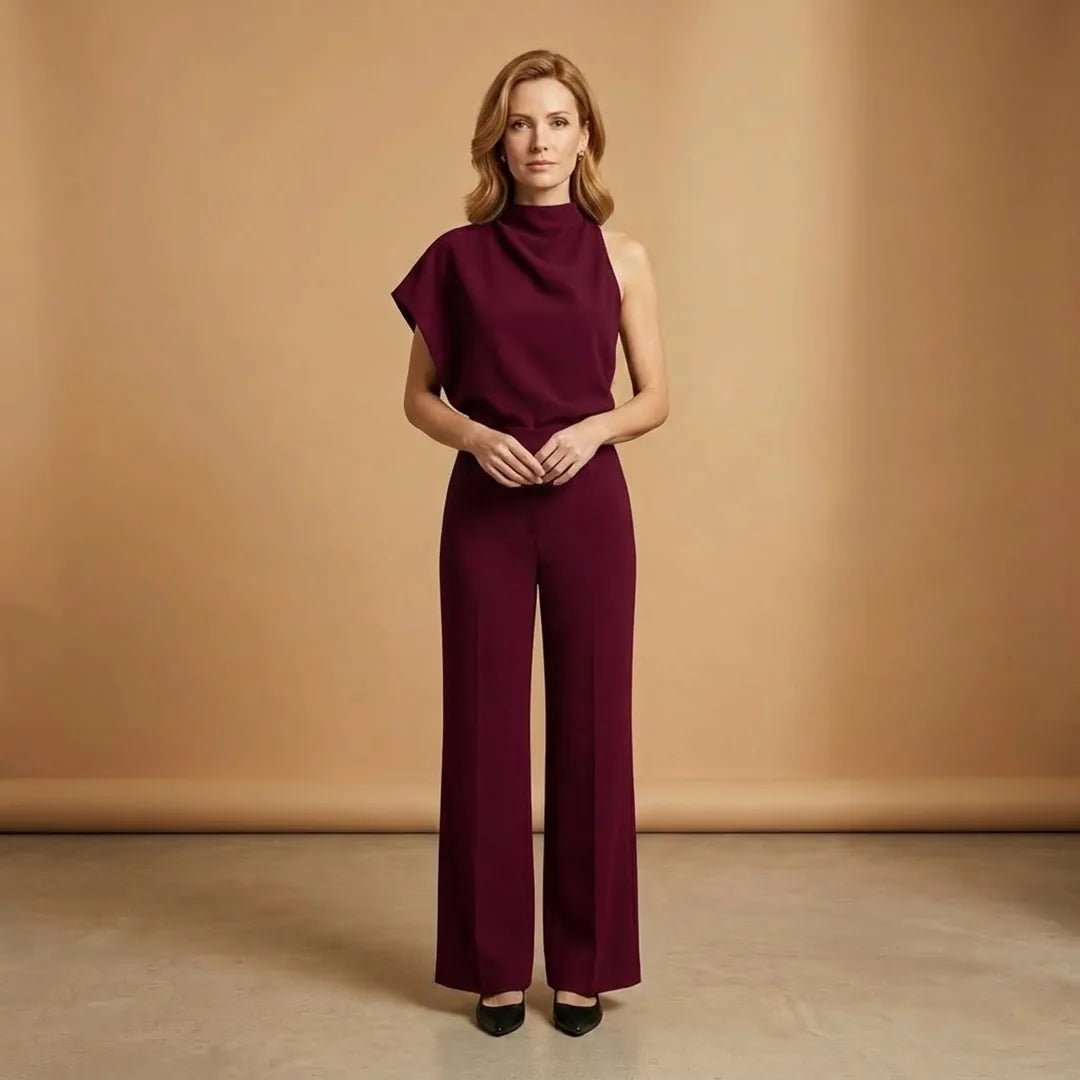 Celeste | Elegant One Shoulder Women's Jumpsuit with Wide Legs - Burgundy - 16