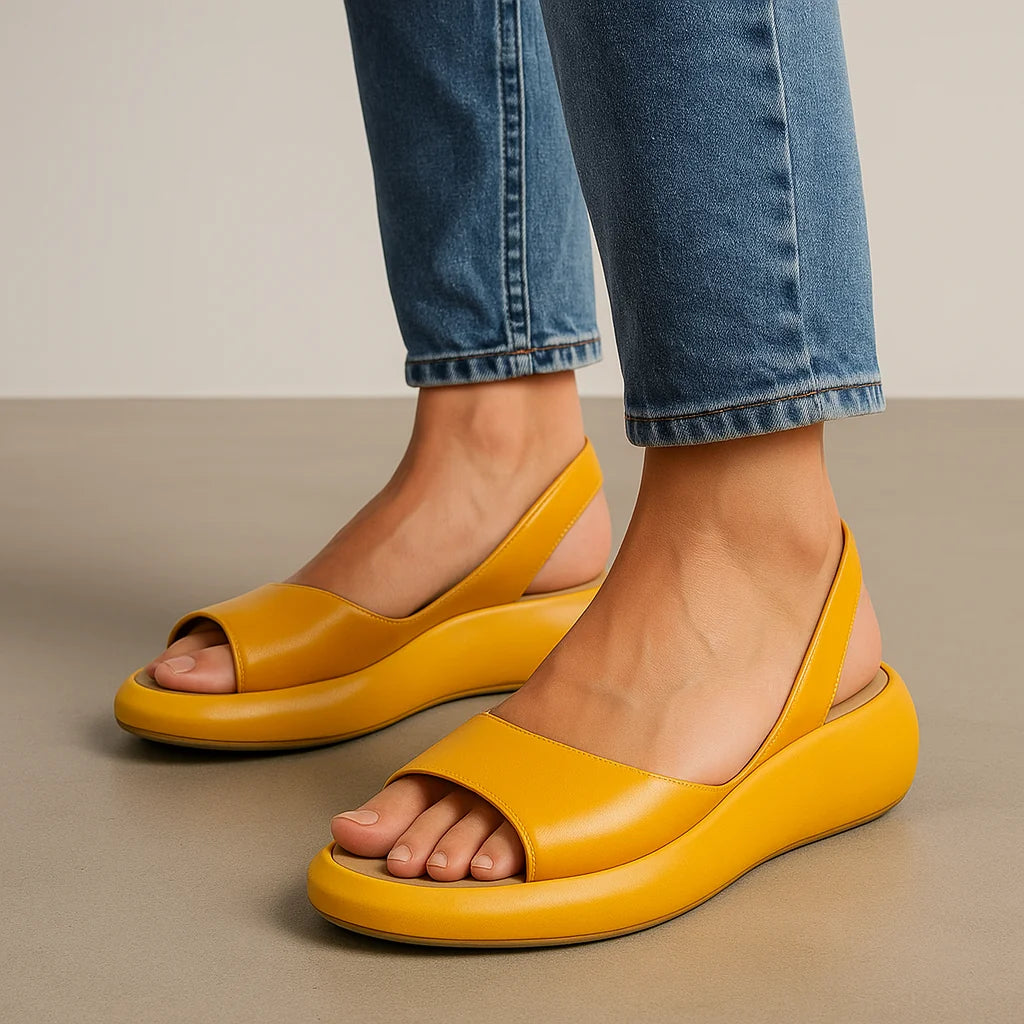 Yellow Women's Open Toe Orthopedic Sandals — Sylvia Slingback Wedge Cushioned - Front Lifestyle