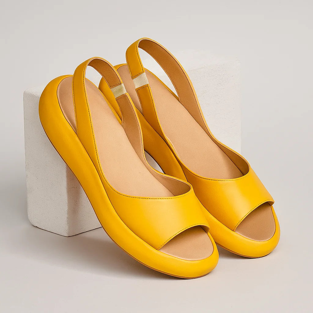 Yellow Women's Open Toe Orthopedic Sandals — Sylvia Slingback Wedge Cushioned - Studio Flat Lay