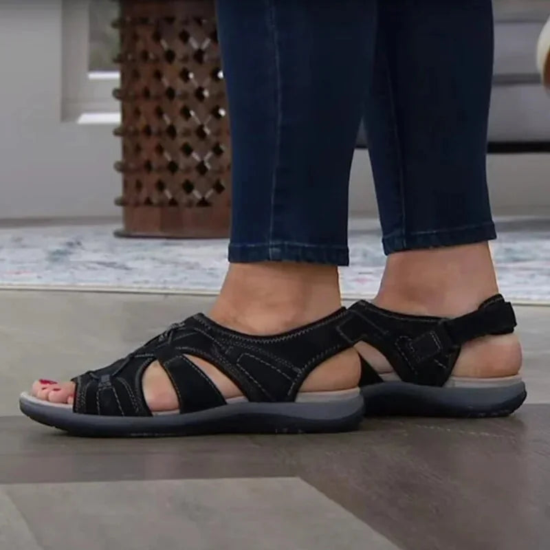 Black Women's Orthopedic Sandals — Quinn Adjustable Closed-Toe Comfort - Indoor Pose