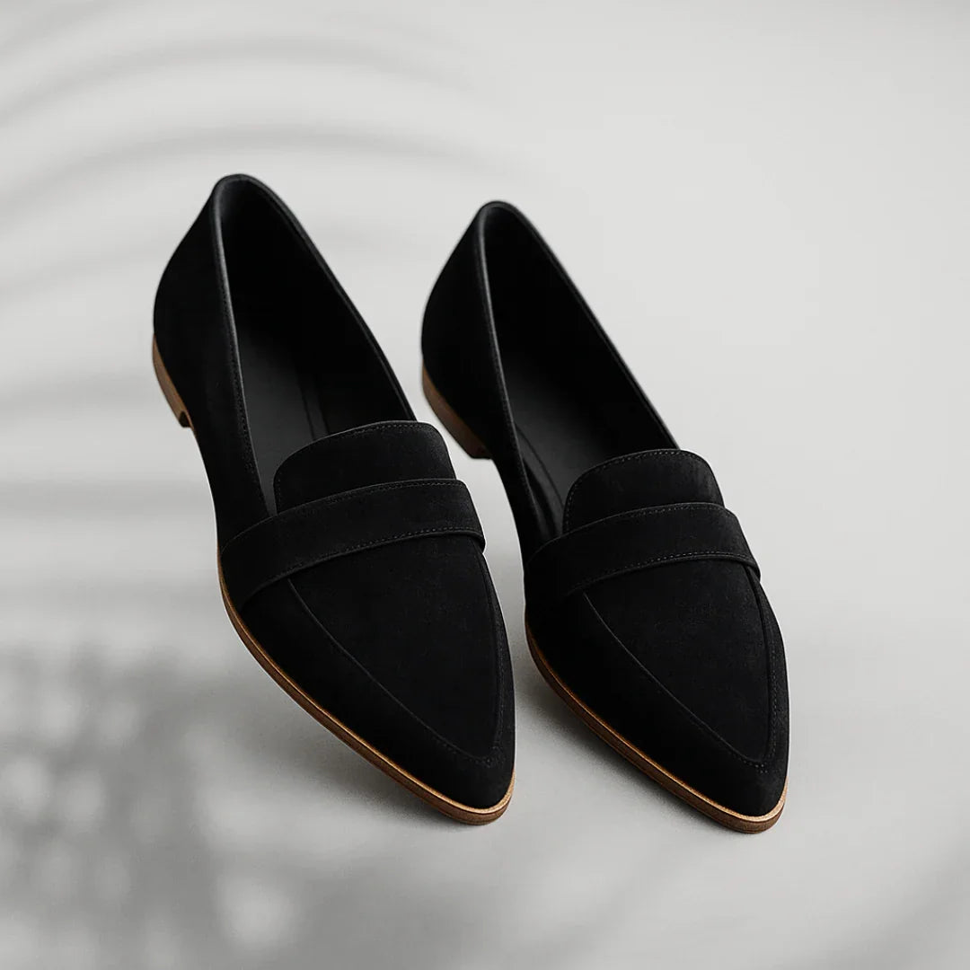 Black Women's Orthopedic Loafers — Tamsin Pointed Toe Slip-On Comfort - Flat Lay