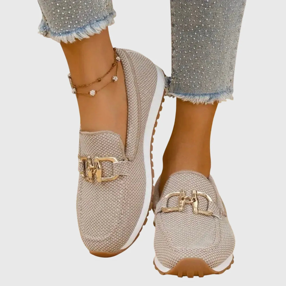 Beige Women's Orthopedic Loafers — Pia Chain Detail Athletic Comfort - Close Up Detail
