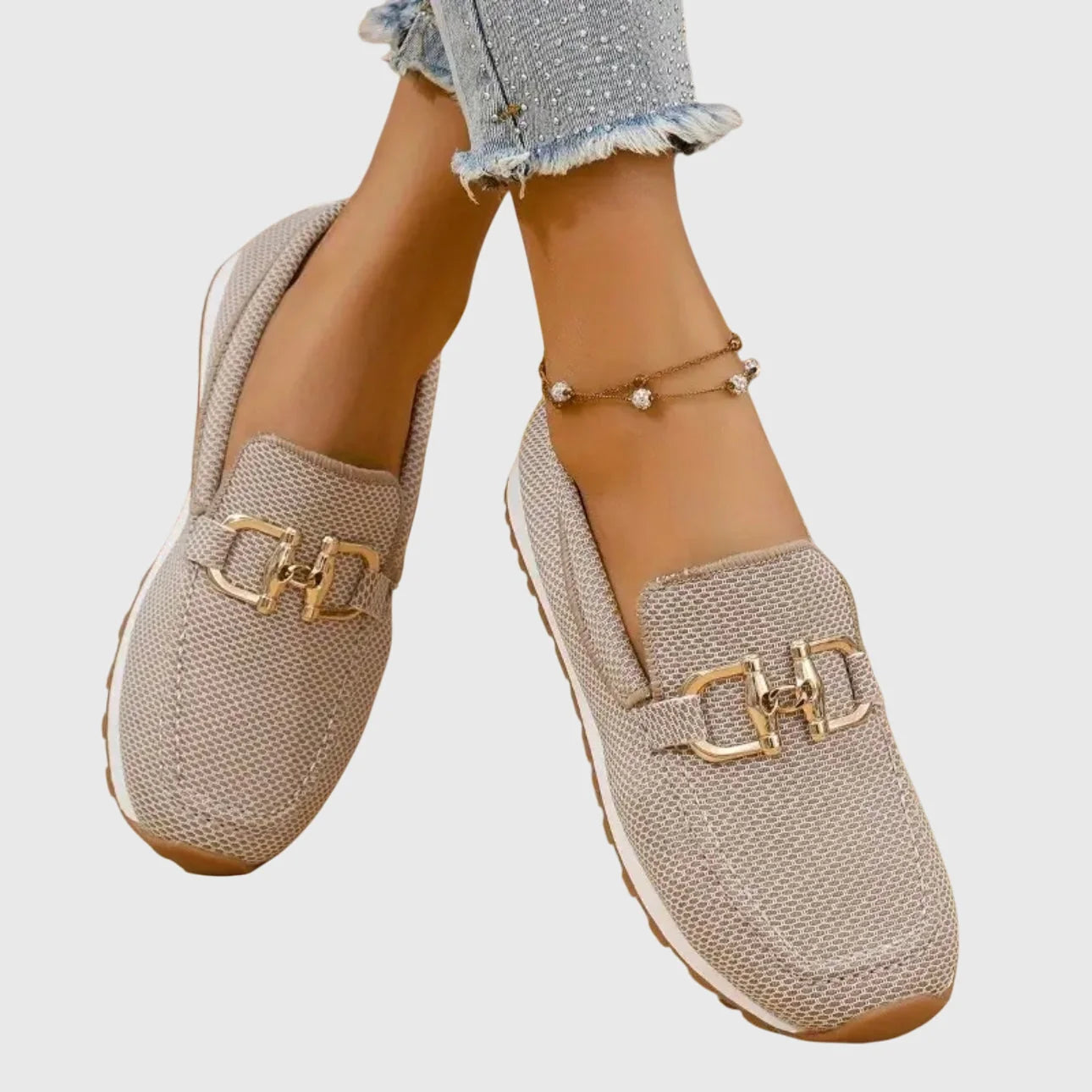 Beige Women's Orthopedic Loafers — Pia Chain Detail Athletic Comfort - Side Pose