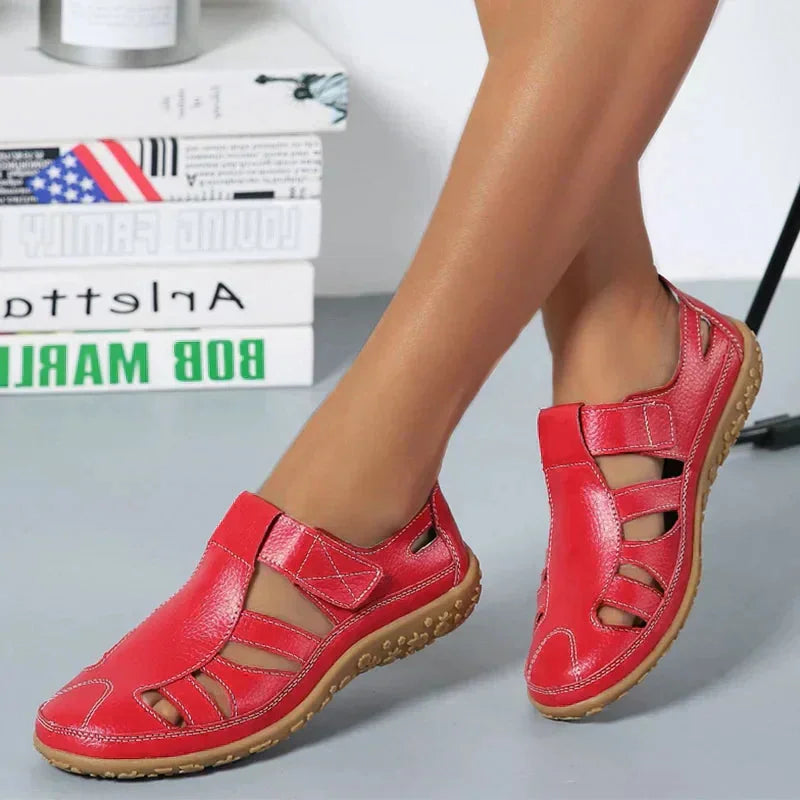 Red Women's Orthopedic Non-Slip Sandals — Vanessa Cushioned Breathable T-Strap - Front Full