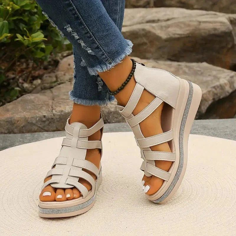 Beige Women's Orthopedic Sandals with Arch Support — Simone Platform Strappy - Model Pose