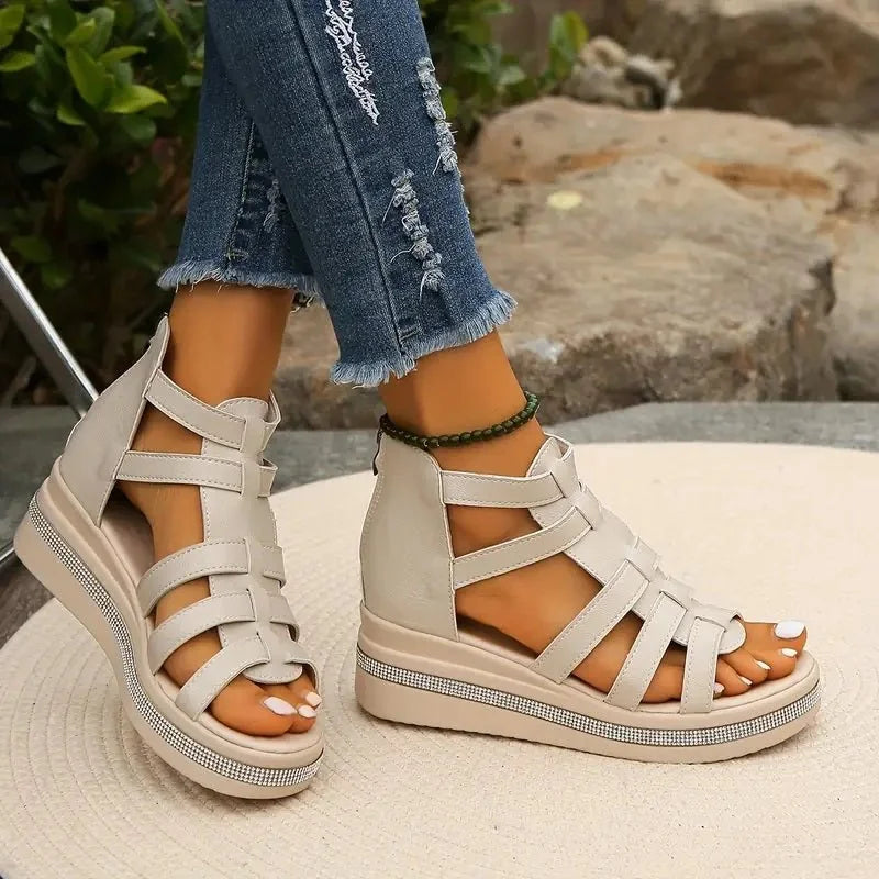 Beige Women's Orthopedic Sandals with Arch Support — Simone Platform Strappy - Side Profile