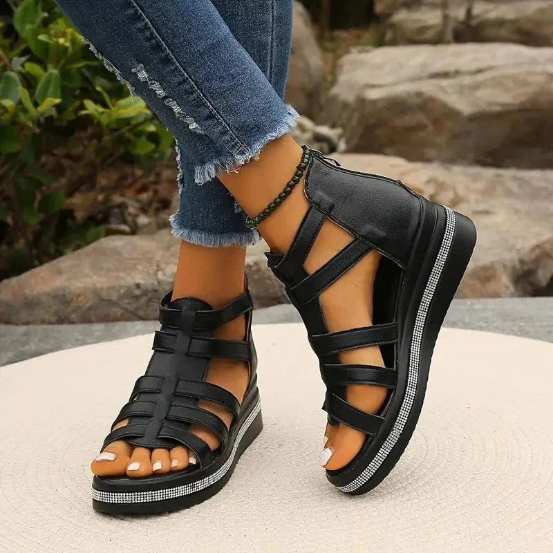 Black Women's Orthopedic Sandals with Arch Support — Simone Platform Strappy - Three Quarter View