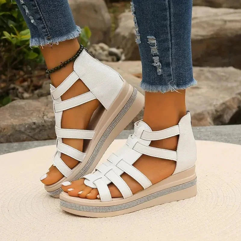 White Women's Orthopedic Sandals with Arch Support — Simone Platform Strappy - Front Full