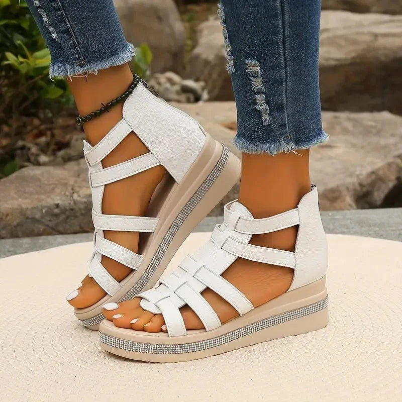 White Women's Orthopedic Sandals with Arch Support — Simone Platform Strappy - Side Angle